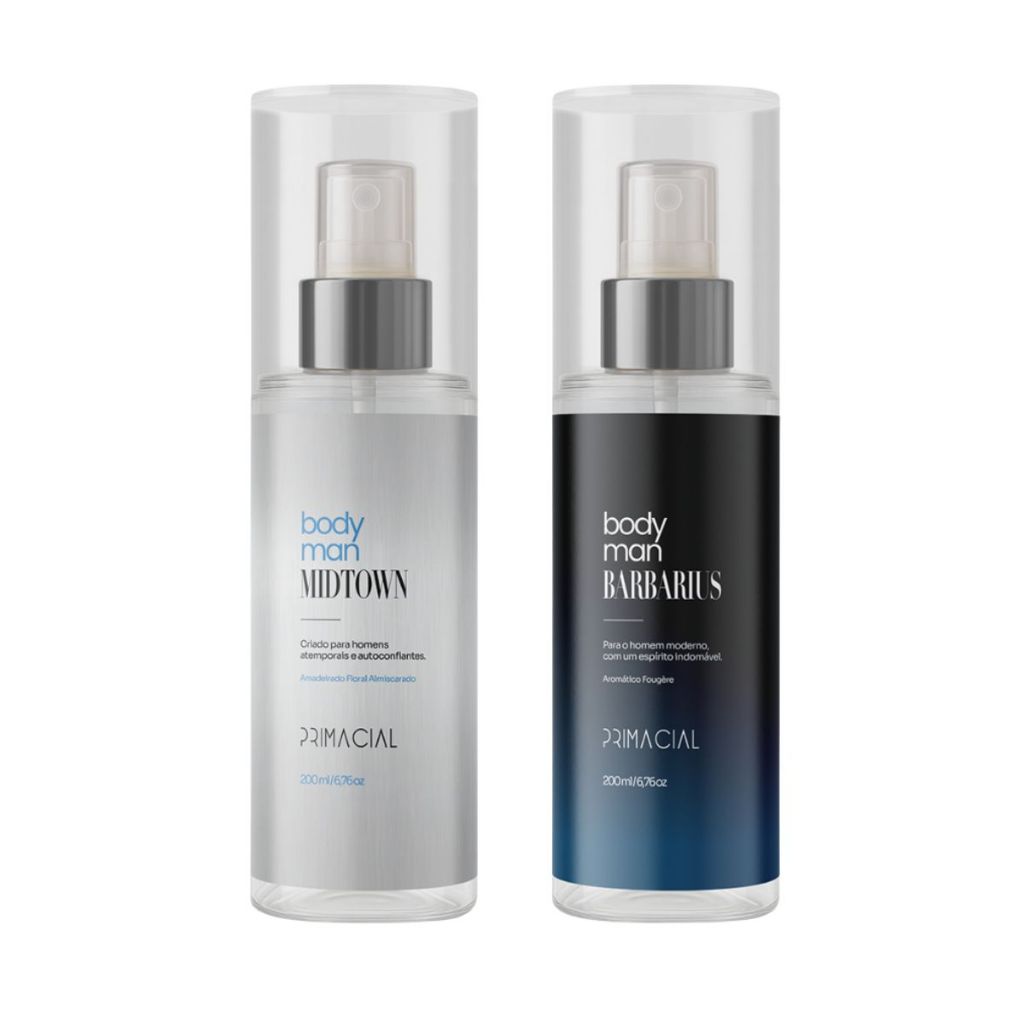 KIT BODY SPLASH MASCULINO BARBARIUS E MIDTOWN 200ML - PRIMACIAL PERFUME FRESCO AMADEIRADO