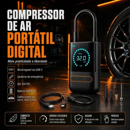 Compressor Calibrador De Pneus Calibrador B&G Portátil Mini Digital Carro Bike Sem Fio Cor Pret