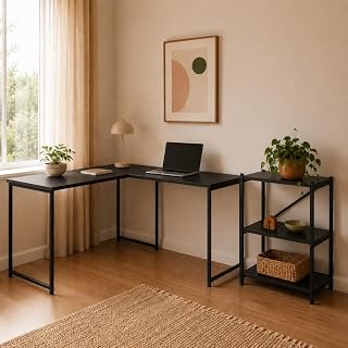 KLM Store Kit Mesa L Industrial + Estante 3 Prateleiras, Preto, Requer Montagem