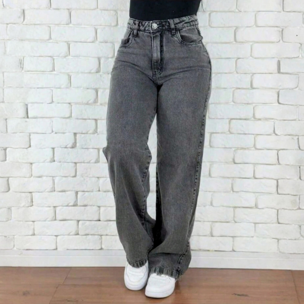 Calça Jeans Feminina Wide Leg Premium Cintura Alta Levanta Bumbum