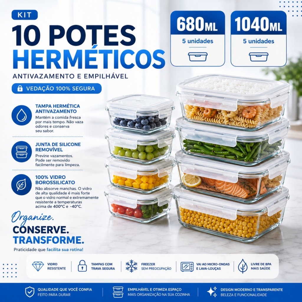 Kit 10 ou 5 Potes Vidro Hermético 1040ml Retangular 4 Travas Marmita Premium