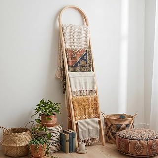 Sintuff Escada de cobertor arqueado para sala de estar, suporte de cobertor de madeira de 1,7 m, prateleira de escada inclinada natural de 5 camadas para decoração de casa de banho (arco, carvalho)