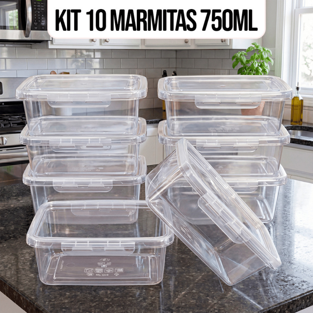 Kit 10 Marmitas Potes 750ml Travas Laterais hermeticas - Livres de BPA Alimentos organiza congelador - KAZIVA