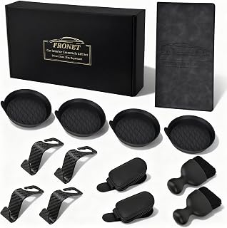 Conjunto de acessórios de carro para presente – 13 peças kit universal de itens essenciais de limpeza para organizador de interiores automotivos com 4 porta-copos para copos, 4 ganchos de encosto de