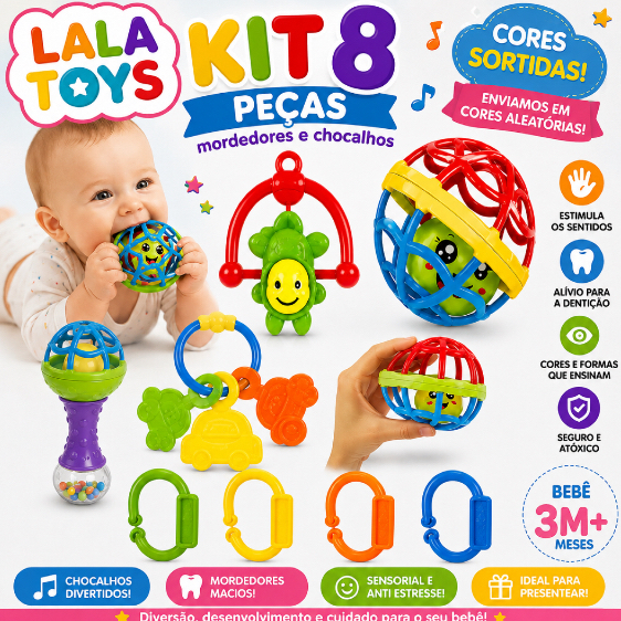 Kit 8 peças Mordedor para Bebe Sensorial Macio com Chocalho