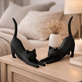 Gatinhos Decorativos Minimalista Alongando | Enfeite Moderno Mesa Sala Escritório Presente Criativo (2 Preto)