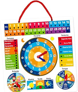 Brinquedo educativo infantil Montessori Calendário Relógio Infantil Educativo em Madeira Brinquedo para Aprender Horas Dias Meses Estações e Clima – Jogo Interativo para Desenvolvimento Infantil