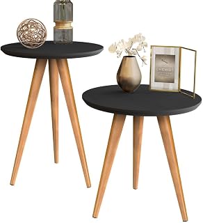 Kit 2 Mesas Lateral e Apoio de Canto para Sofá Retrô com Pés de Madeira e Tampo MDF Decoração Sala(DUPLO - PRETO)