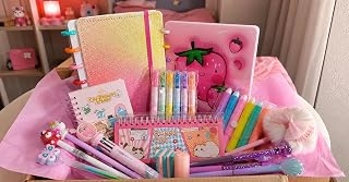 Kit Papelaria Fofa Completa Kawaii Caderno + Marca Texto + Canetas + Acessórios 5 itens