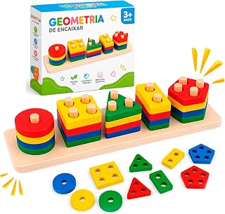 Brinquedo Educativo Encaixe Formas Geométricas Multicoloridas em Madeira MDF, Jogo Pedagógico Infantil 3+, 5 Colunas Coordenação Desenvolvimento Cognitivo Motora Criatividade Premium
