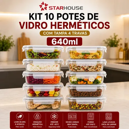 Kit 10 Potes Herméticos Vidro 640ml Starhouse Marmita Forno Micro-ondas Airfryer com 4 travas d