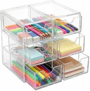 Organizador de gaveta de acrílico, caixa de armazenamento empilhável para papelaria, cosméticos, joias e materiais de escritório, organizador de mesa transparente à prova de poeira com acessórios