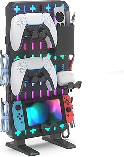 KDD 6 in 1 RGB Gaming Desk Accessories - No Drill Desk Organizer with Phone Stand/Storage Box/Headset & Controller Holder/Hooks, Freestanding Gaming Pegboard for Office & Home Desktop Decor Organizer