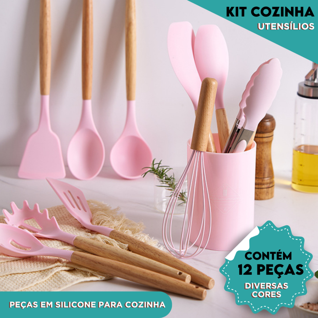 Kit 12 Utensílios de Cozinha Silicone Cabo Madeira Resistente Calor Espátula Colher Antiaderente