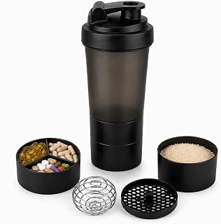 Coqueteleira Whey Academia 500ml com Compartimentos para Suplementos, Preta Fumê com Mola Misturadora e Peneira