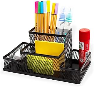 Porta Lápis Organizador de Mesa em Metal Aramado com 4 Divisórias – Porta Caneta Porta Treco Organizador Escritório e Home Office, Suporte para Material Escolar Preto Compacto
