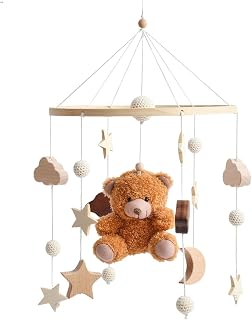 Milageto Brinquedo sensorial móvel para bebês de madeira, chocalho de berço para bebês, berçário boho celular para decoração, Urso Marrom