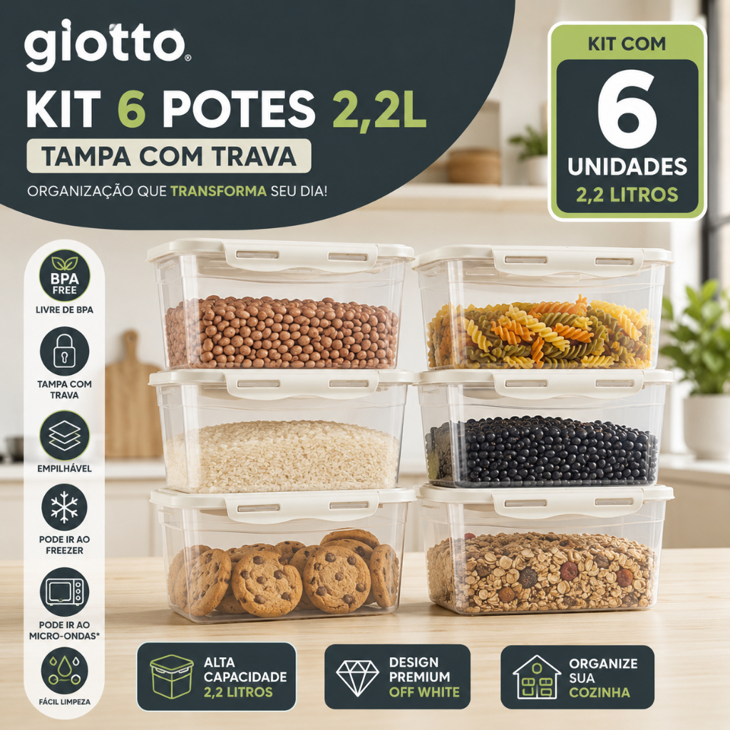 Kit 6 Potes Com Tampa e Trava 2,2L Alto Off White Freezer E Microondas Marmitas Fitness Giotto