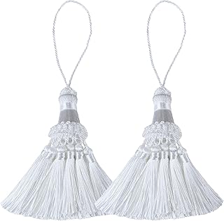 BEL AVENIR Pacote com 2 pingentes de borlas artesanais brancos com borlas | Borlas de poliéster elegantes, para chaveiro, tiras, acessórios DIY, decoração de casa
