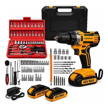 Parafusadeira Furadeira De Impacto 2 Baterias + Kit 46 Peças Amarelo 127/220v 50hz/60hz